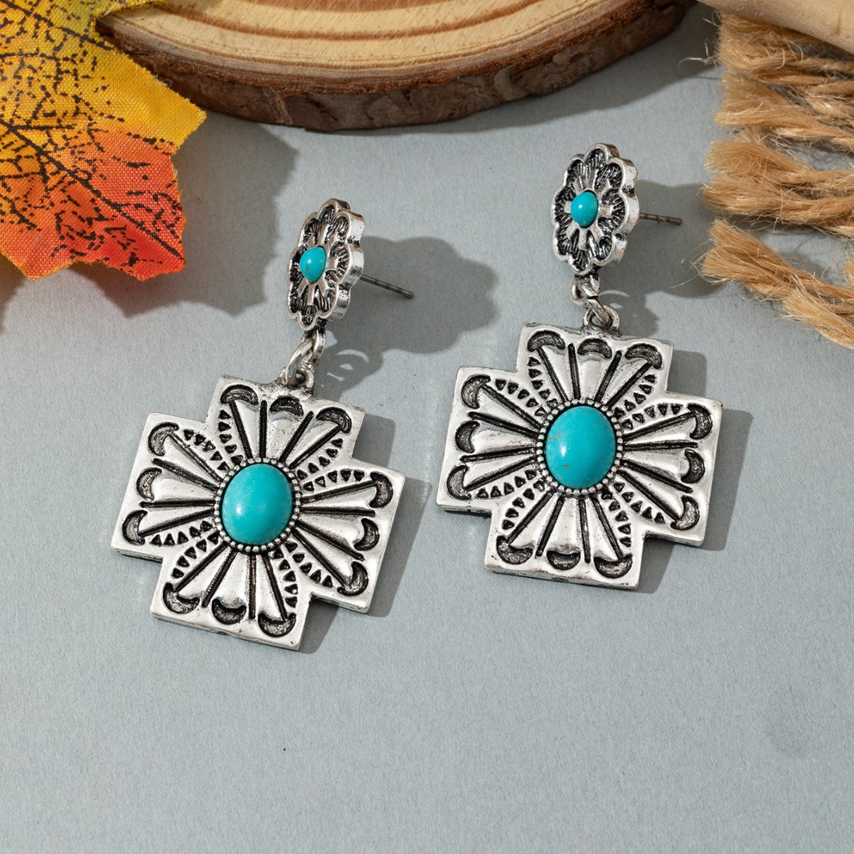 Wholesale Vintage Western Turquoise Oval Exaggerated Earrings